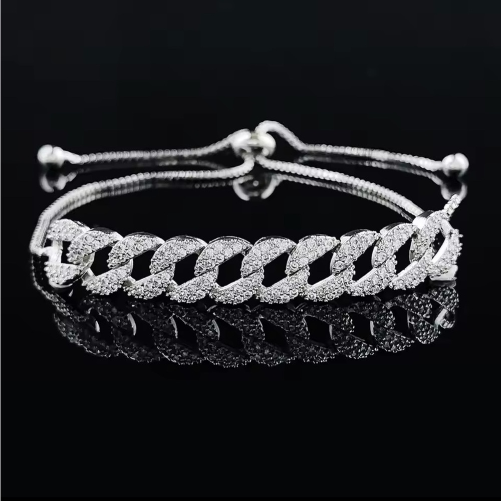 18k White Gold Plated Partial Curb Link Zircon Encrusted Adjustable Bracelet